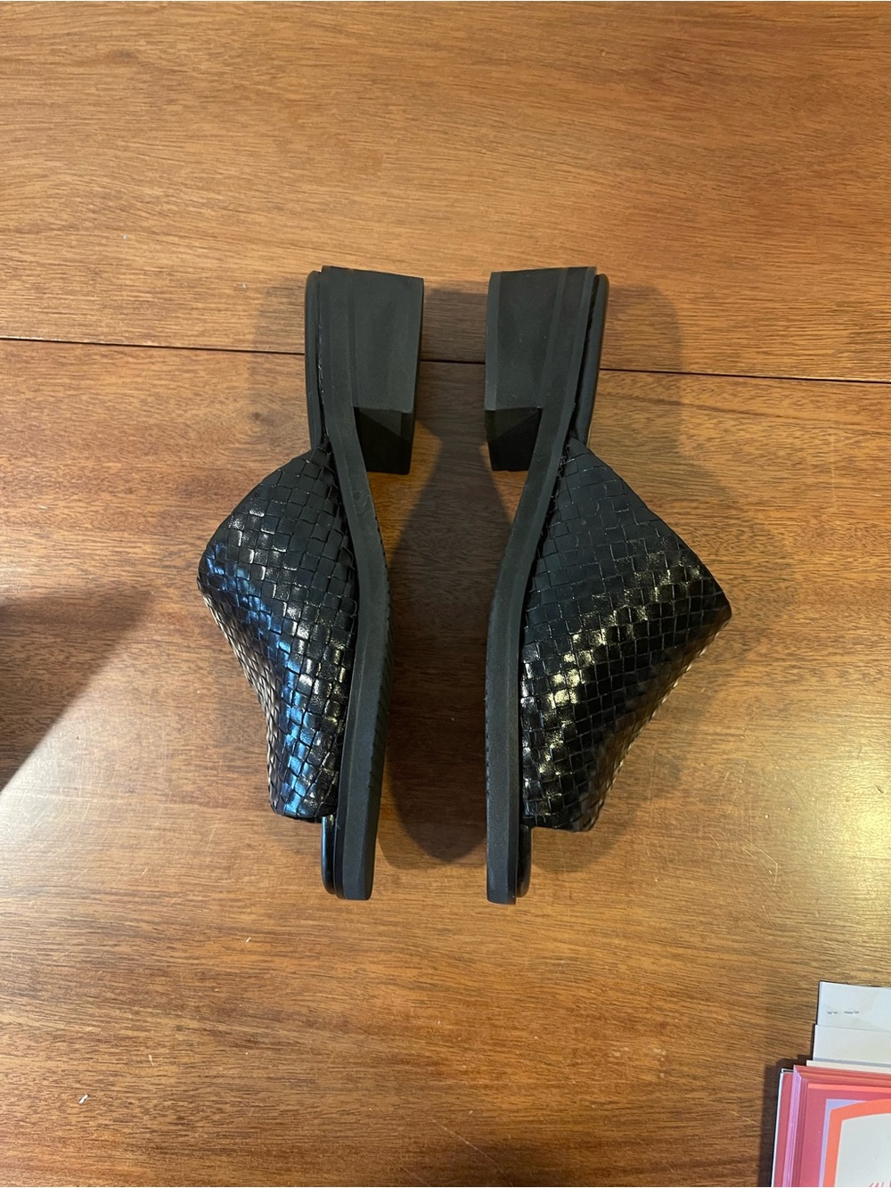 Trotters Black Leather Woven Slide Mules Sandals Short Block Heel - Picture 6 of 12